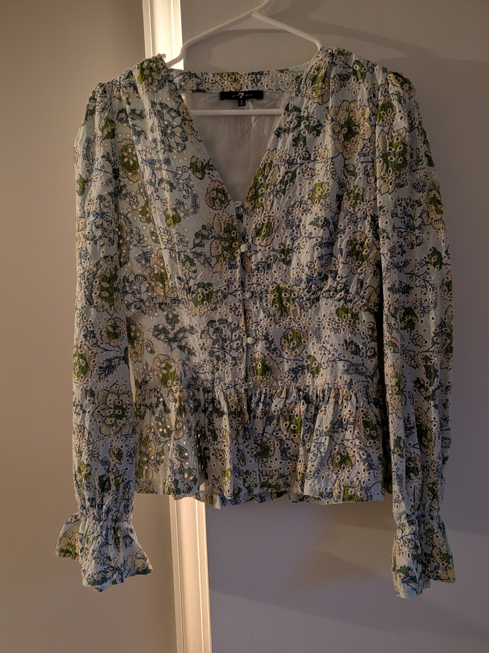 7 For All Mankind White Eyelet Peplum Blouse with Green & Blue Floral Motif